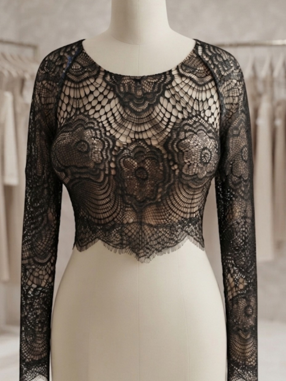 For Love & Lemons Black Floral Lace Cropped Long-Sleeve Top